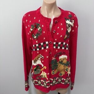 Tiara International Christmas Sweater Cardigan Vintage Red Wreath Stocking